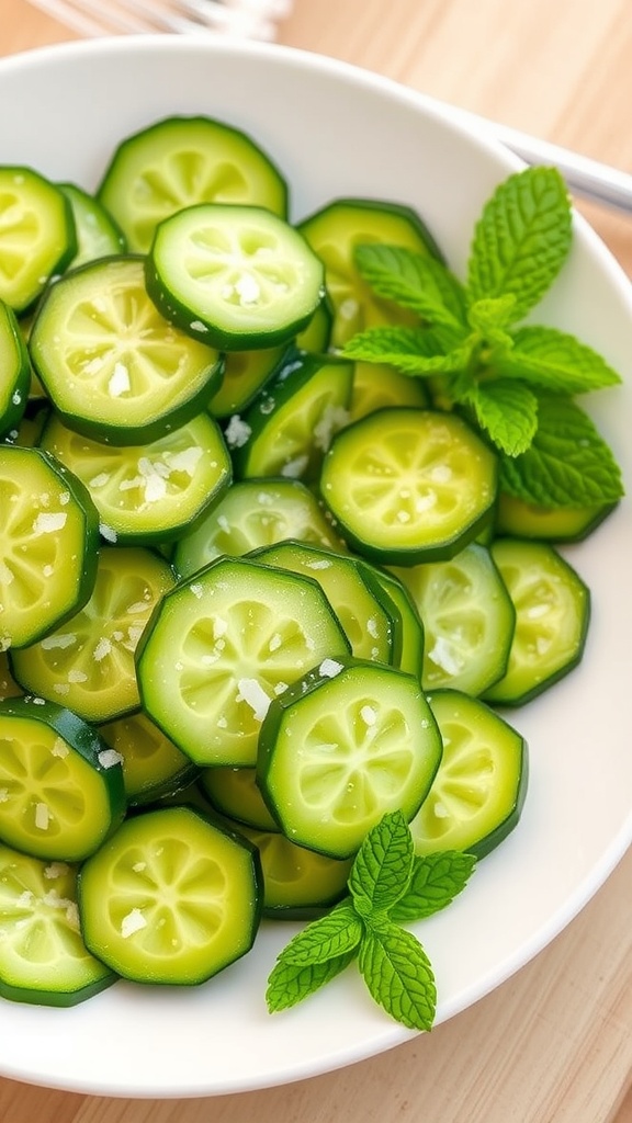 Crispy cucumber slices with lemon juice and sea salt on a white plate, garnished with mint.